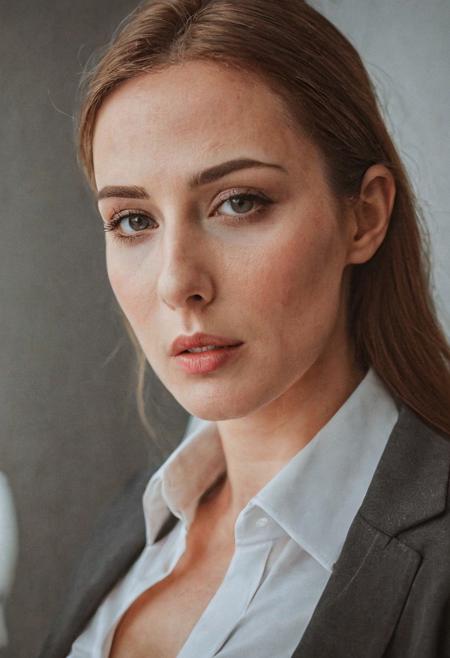 closeup photo of sensual East-European woman, cleavage, luxury office, early morning, (veins, skin pores, natural skin texture:0.55),