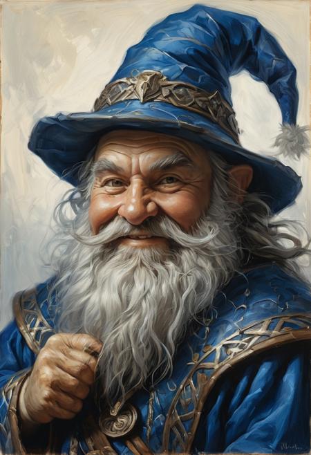Smiling fantasy dwarf in a blue wizard costume with a pointy hat, masterful painting in the style of Anders Zorn | Marco Mazzoni | Yuri Ivanovich, Todd McFarlane, oil on canvas