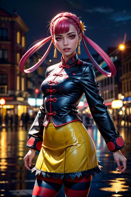 punk girl (pokemon), pink hair, red eyes, sharp teeth, hair rings, jewelry, chinese clothes, black jacket, yellow skirt, striped pantyhose, 