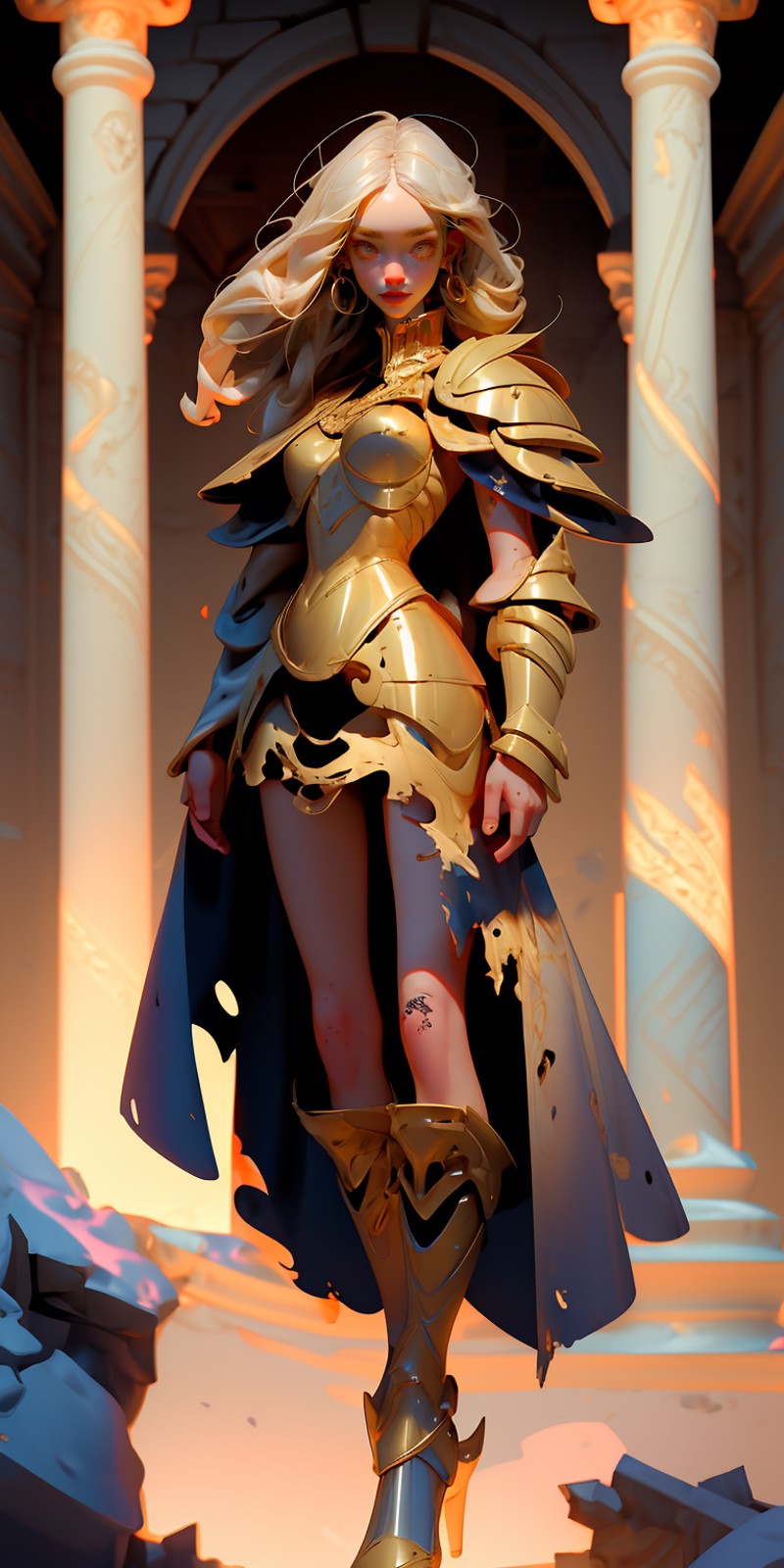 (masterpiece, best quality), 1girl, in ruined temple, a sorceress in golden armor