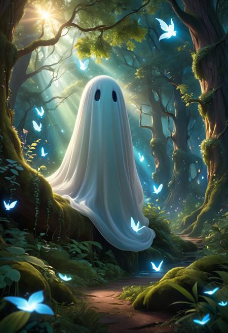 Cute ghost, photorealistic, lush forest, detailed foliage, mystical lighting, whimsical ambiance, ultra-high resolution, vibrant colors, cinematic shot, close-up view, medium shot, wide-angle view, low-angle shot, high-angle shot, intricate details, soft shadows, glowing eyes, smooth textures, serene atmosphere, balanced composition, dynamic flow, peaceful mood, enchanted forest, twilight setting