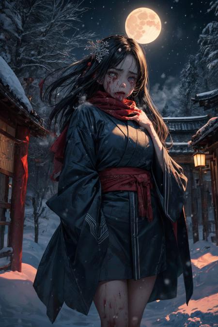 (RAW photo, 8k uhd, Analog style, Masterpiece, Best Quality, Highres:1.4), (dramatic, cinematic:1.2), BREAK,
movie shot of (plump:1.2) (curvy (asian, japanese:1.2) woman:1.1), (torn:1.05) red (silk scarf:1.01), traditional (blue:1.1) (long kimono:1.2), (very long straight black hair:1.1), (big eyes:1.15), yakuza (tattoo:1.1), (blood, wounds:1.2), wounded, (crying:1.2), (sad:1.1), (tears:1.2), (snow covering body and hair:1.35), (snow:1.3), front view, unhappy, (going:1.25) through scary (winter:1.1) (bamboo:1.2) (forest:1.1), (snowfall, snowstorm:1.25), BREAK,
(mountains:1.15), detailed far (chinese:1.2) (village:1.35) houses, (gloomy dark night:1.1), bright (moon:1.2), moonlight, (wind:1.1), (blood trail:1.1), (light particles:1.15), (steam:1.2), (starry sky:1.05), medieval, wild pathway, snowflakes, white legs, (dark theme:1.1), (photorealistic:1.3), (blue lighting:1.1), (creepy, bloody, horror:1.3), (mysterious, fabulous, mystic:1.3), (glow, glitter:1.1), BREAK,
<lora:more_details:0.8>,
<lora:LowRA:0.45>,
<lora:zoom_slider_v1:2.89>,