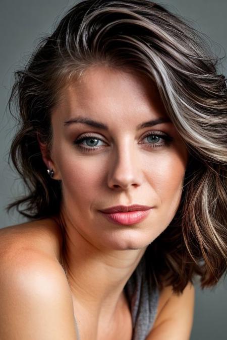 jnh, closeup portrait of young woman, topless, rim light, (grey background:1.0), slick hair,
 <lora:CR-JenniferHolland-frankyfrank2k:1>