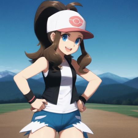 <lora:character_pokemon_hilda_v2:0.7> mountain, sunny, 1girl, character_pokemon_hilda, solo, cowboy shot, standing, hands on hips, looking at viewer, smile, open mouth, baseball cap, sleeveless shirt, vest, shorts, wristband