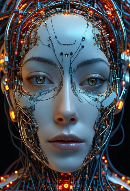 Wired cyborg, biomechanical depiction: A high-quality photograph showcases a woman's face, divided in two halves. The left half is a mechanical construct, resembling a futuristic cyborg or android with elaborate circuitry and wiring visible beneath her skin. This mechanical side features a dark metallic color, glowing red circuitry, and numerous miniature, glowing red lights, creating a mysterious and otherworldly look. In contrast, the right half of her face appears human, with a pale complexion that conveys a sci-fi horror aesthetic.