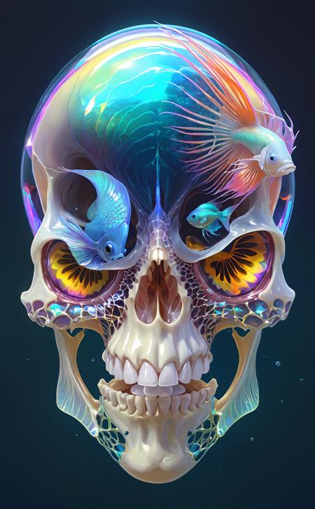 close-up portrait ribcagel. Alien skull , nautilus, hortensia, betta fish, bioluminiscent creatures, intricate artwork . octane render, trending on artstation,t symmetrical artwork. cinematic, hyper realism, high detail, octane render, 32k, vibrant colors, Broken Glass effect, no background, stunning, something that even doesn't exist, mythical being, energy, molecular, textures, iridescent and luminescent scales, breathtaking beauty, pure perfection, divine presence, unforgettable, impressive, breathtaking beauty, Volumetric light, auras, rays, vivid colors reflects