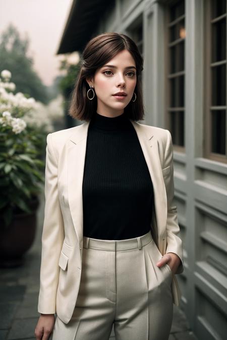 AshleyG_SoloTI_v1,
(In a chic tailored blazer and high-waisted trousers, with statement hoop earrings, for a trendy and sophisticated look),
(In a quiet courtyard at dusk, with the scent of blooming jasmine, a soft and wistful atmosphere:1.3),
(seductive:1.3),(analog, cinematic, film grain, hazy atmosphere, cinematic shot:1.3), 
 <lora:add_detail:0.6>,<lora:LowRa:0>, PA7_Portrait-MCU,
