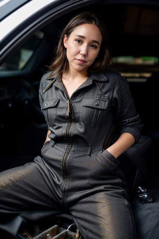 DEN_miss_kultanen,
(working in a garage on a mustang car engine covered in oil and dirt wearing a dirty jumpsuit, mechanic, working on a car, engine:1.2),
clothing, dressed, fully clothed,, clothing,
bokeh, f1.4, 40mm, photorealistic, raw, 8k, textured skin, skin pores, intricate details  <lora:epi_noiseoffset2:1>, epiCRealism