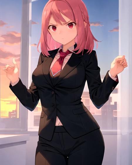 cowboy shot, pink hair, medium hair, red eyes, serious, breasts, black suit, formal suit, red necktie, office, window, sunset, <lora:Spring2013:0.6>