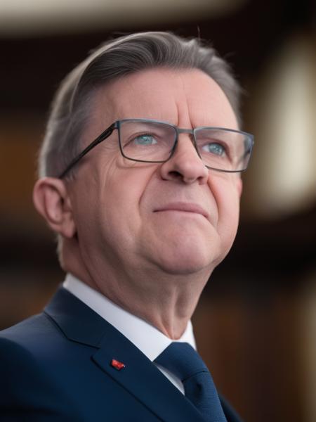 Closeup portrait photo of man Melench123 looking at viewer, in suit, square eye frame glasses, dynamic pose, a (empty parliament room:1.1) at background,intricate detail,  vibrant, sharp focus