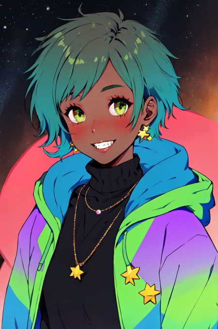 1girl, solo, blush, smile, brown hair, shirt, jewelry, blue hair, jacket, upper body, multicolored hair, earrings, green hair, teeth, dark skin, hood, necklace, star (symbol), dark-skinned female, hoodie, turtleneck, hooded jacket, black sweater<lora:Vkei_Imagination:0.75>