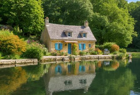 A charming, cozy French stone cottage with golden-hued walls, complemented by blue or green shutters that add a splash of color. The house sits peacefully beside a serene lake or pond, with a small wooden pier extending over the water. The scene is set on a beautiful sunny day, with clear blue skies and soft sunlight bathing the landscape. Surrounding the cottage are lush green trees and vibrant flowers, adding to the idyllic and tranquil atmosphere. The reflection of the house and the pier shimmers on the still surface of the water, enhancing the picturesque setting