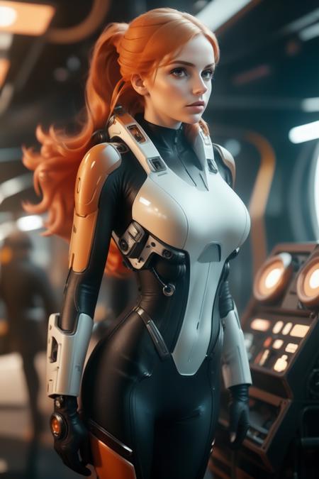 1girl, solo, long hair, upper body, solo focus, orange hair, blurry, lips, bodysuit, blurry background, science fiction <lora:SpacesKnigts_2:0.8>