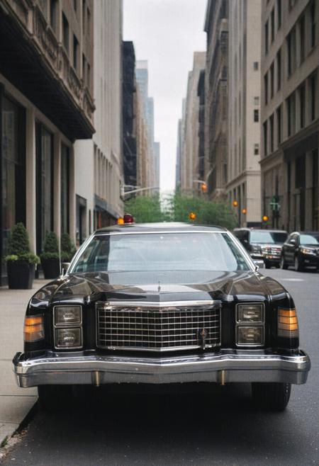 ClassicMuscleCar, gleaming black Ford LTD, space style car, star wars style, front view, New York avenue, 4K, highly detailed, (stylish grainy analog 35mm film photo)