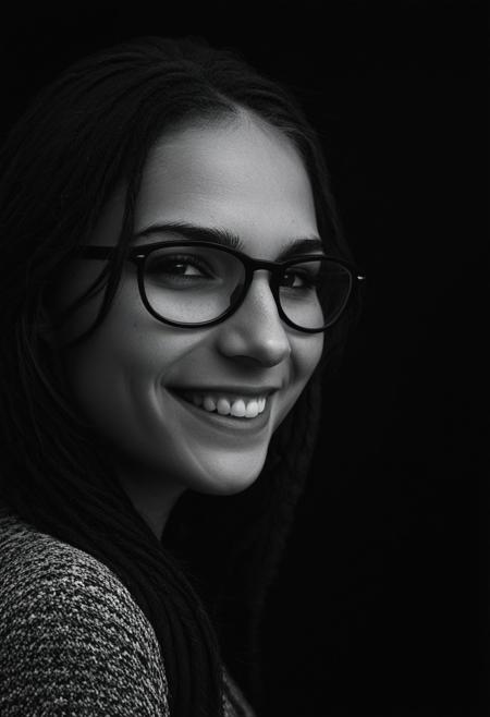 close up dramatic faceshot, full face and hair, dramatic side angled, beautiful young girl with prominent dimples and wearing glasses, 
ultra detailed skin, perfect eyes, smiling, 
realistic high resolution image, life like quality, cinematic scene with natural window lighting on partial face,
natural skin texture,, fine pores, realistic skin, intricate skin details,, skin dentation, contrasted black and white, dark vignette around image, well balanced exposure in image,