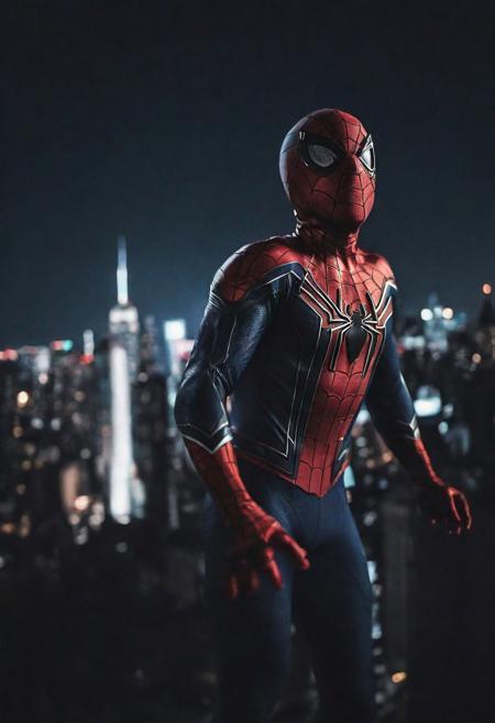 Portrait face Solo spiderman flying in new york , photograph ,pale beautiful photo, ultra detailedspiderman suit , night time, cinematic composition,  cinematic filtering