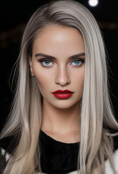 1girl,black background,forehead,grey eyes,lips,long hair,looking at viewer,makeup,mole,nose,portrait,realistic,red lips,Raw photo,8k,realistic skin details,realistic hair details,perfect skin,8k uhd,dslr,high quality,