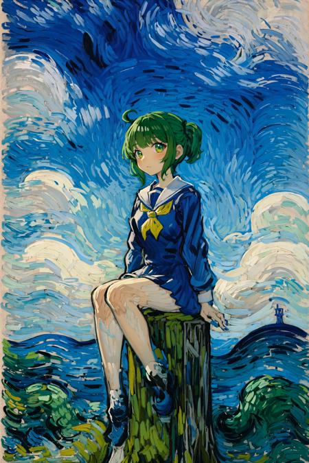 vg,<lora:vgv1-000009:.9>,the girl sitting on the black twisted tower in the distance,blue hair,green hair,very wide shot,school uniform,blue sky,1sun,clouds,