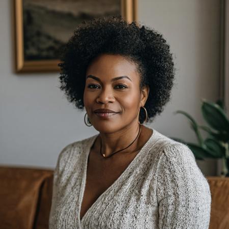 A portrait photo of a beautiful busty thick 45yr African American mother'  at living room  by Tom Munro, {{highly detailed }} {{taken with Canon EOS R10}} {{shot by Canon EOS R10}}