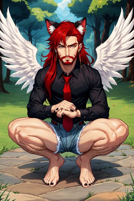 1boy, solo, male focus, facial hair, beard, parted bangs, red hair, grey eyes, piercing, ear piercing, cat ears, animal ears, animal ear fluff, long hair, shirt, long sleeves, jewelry, closed mouth, full body, earrings, wings, white wings, feathered wings, barefoot, collared shirt, red necktie, necktie, black shirt, short shorts, shorts, black nails, nail polish, bare legs, feet, toes, squatting, denim, toenails, denim shorts, outdoors, looking at viewer