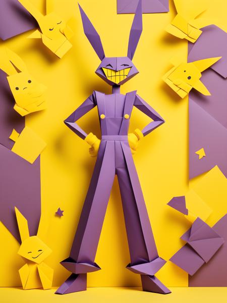 origami style JaxAmazing , bunny man , purple fur , yellow gloves, purple overalls, naked overalls , smile <lora:JaxAmazingSDXL-000007:0.73>
 . paper art, pleated paper, folded, origami art, pleats, cut and fold, centered composition