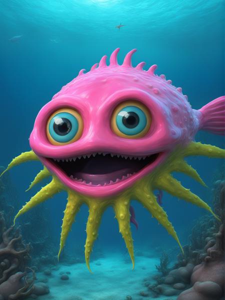 3d caricature humorous underwater large swimming bright neon supermodel sea creature with big eyes, in the style of caricature-like illustrations, vray, sharp/prickly, xbox 360 graphics, life-like avian illustrations, grotesque characters, lith printing, seascape