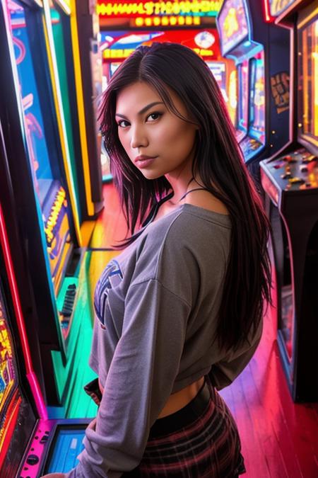 callingbull ((wide angle)) ((movie poster)), ((wearing casual grunge clothes)) ((at an arcade)), ((looking at camera)), big smile,Detailed, Detailed pretty face, Sharp Focus, (Detailed and intricate), Leica 35mm F2.8, Fuji Superia Reala 100