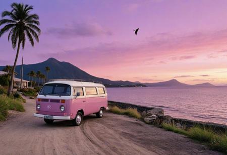 (1979 Volkswagen Type 2), Caravelle, motor vehicle, vehicle focus, no humans, outdoors, sky, cloud, water, island, ocean, purple sky, gradient sky, shore, beach, sunset, bird, grass, mountain, blue sky, hill, field, building, sand, cloudy sky, river, road, watercraft, rock, house, day, waves, flower, star \(sky\), pink sky, boat, palm trees, wooden pier, driving, horizon, mountainous horizon,