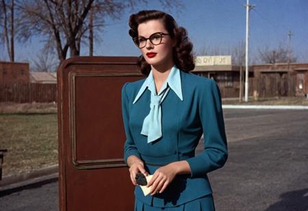 1940s vintage retro, female clark kent DCU, perfect photo, highly detailed, best quality, fine details, coherent face, full body shot, standing, technicolor film still screencap, kodachrome photograph