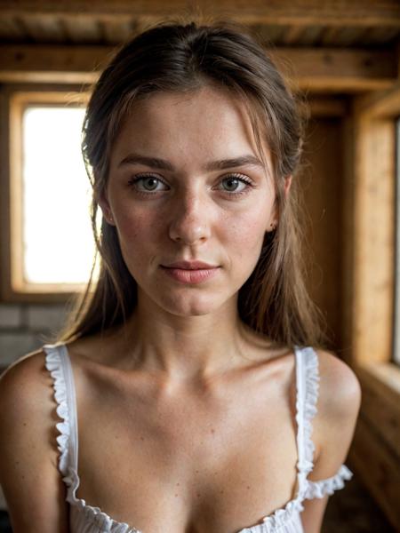 close up portrait of a 24 year old German brunette named Sophie, wearing a sexy dirndl, no makeup, natural, posing in a loft, submissive expression, hard shadows, soft lighting, sharp focus, skin details