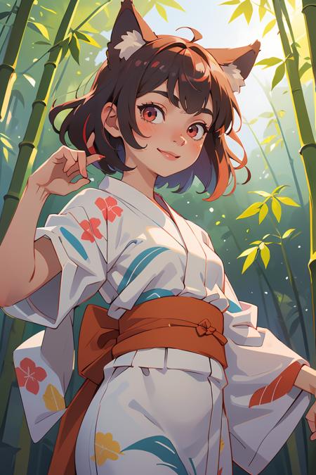 masterpiece, an extremely cute and beautiful girl, (finely detailed beautiful eyes and detailed face), 1girl, solo, cute, smile, animal ears, wolf ears, red eyes, cowboy shot, (bule detailed yukata), BREAK, Tanabata Festival, bamboo forest background,stylish pose, Atmospheric Perspective, multicolored hair, very short hair,<lora:GPTS4 dreamwave full_478773:0.3>, <lora:GoodHands-beta2:1>