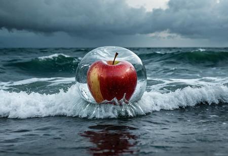 Stable_Yogis_PDXL_Positives
 Imagine a photograph capturing an extraordinary and surreal subject: a transparent apple, crystal clear and perfectly formed, revealing a highly detailed, tumultuous miniature sea raging within. The apple sits boldly in the center of the frame, its smooth, glass-like surface reflecting light and offering a window into the dynamic scene inside. Within, the stormy sea is a marvel of miniaturization - tiny waves crest and crash with realistic ferocity, and if one looks closely, minute flashes of lightning and swirls of wind can be discerned, adding to the tempest's drama. The background of the photo is intentionally simple, perhaps a soft, neutral color or a subtle gradient, ensuring that all attention is drawn to the striking contrast between the serene exterior of the apple and the wild, chaotic seascape it contains. The lighting is key, illuminating the apple in a way that highlights the intricate details of the storm inside while maintaining the overall clarity and impact of the image.