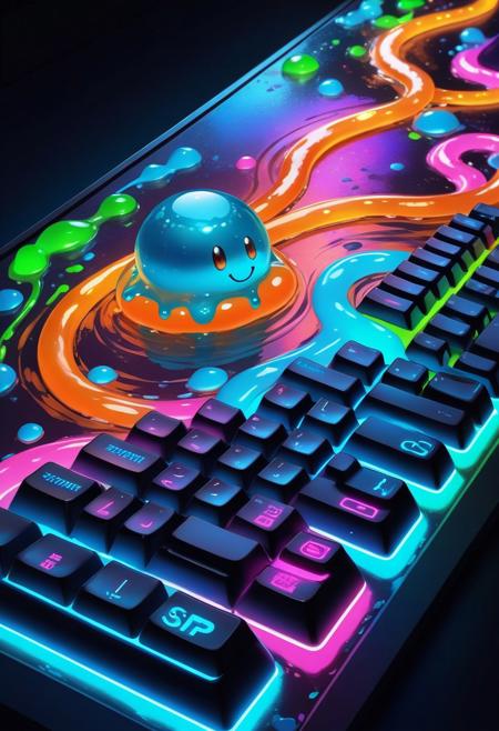High quality, (masterpiece:1.0), dynamic angle, glowing, high detailed, fluorescent neon color, SF art, closeup keyboard key made of slime, eledant, white background,