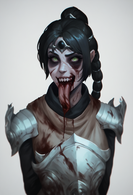 score_9, score_8_up, score_7_up, BREAK, 
1girl, zombie, blood, teeth, missing jaw, gigantic tongue out,
solo, shadowheart, black hair, braided ponytail, green eyes, scar on face, circlet, looking at viewer, armor, pants,
arms behind back, standing, looking at viewer, white background <lora:ShadowHeartXL:0.8>   <lora:ZombieXL:1>