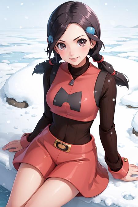 masterpiece, best quality, candice, twintails, tmgoutfit, sitting,, smile, looking at viewer, snow <lora:tmgoutfit-nvwls-v1:0.9> <lora:candice-nvwls-v1-final:0.9>