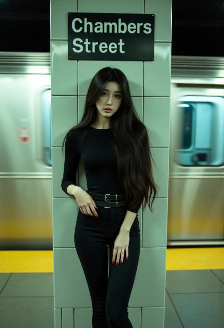 (Soft Lighting Photography by Mimoza Veliu and Mario Giacomelli:1.2), NSFW, A sexy charming 18-year-old female, fashion editorial portrait with cinematic neon lighting. 80s fantasy, a woman standing in a subway station, leaning against a white tiled column with a sign that reads "Chambers Street." She has long, dark hair and is wearing a sexy black outfit consisting of a long-sleeved top, fitted pants, and ankle boots. Her pose is relaxed yet confident, with one hand resting on the column and the other hanging by her side. The camera appears to be positioned at eye level, capturing the subject from a frontal perspective. The lighting is soft and even, likely from the overhead lights in the subway station, which illuminates her face and clothing clearly. The background shows a subway train passing by, adding a sense of movement and urban atmosphere to the scene. The background consists of the subway platform, with its characteristic yellow safety line and the metallic walls of the train. The train's windows reflect some of the light, creating a dynamic interplay of light and shadow. The overall setting suggests a typical day in a busy city, with the woman perhaps waiting for her train or simply taking a moment to pause. The composition centers the woman in the frame, with the lines of the column and the train leading the viewer's eye towards her.
.