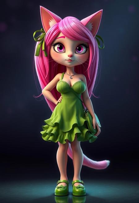 Realistic 3d Pixar , Cat girl with neon pink hair that reaches the floor, sparkling pale pink eyes, voluptious, big boobs, wearing a short, slutty, green sundress with a ridiculous amount of frilly ruffles on the hem, cleavage, cute face, ribbons in hair, green Mary Jane shoes, green cross body purse,  glow, god rays, ethereal, dreamy, heavenly, otherworldly, dream-like, breathtaking, captivating, divine, Bioluminescent, realistic 3d, hd 4k 8k high definition best quality
