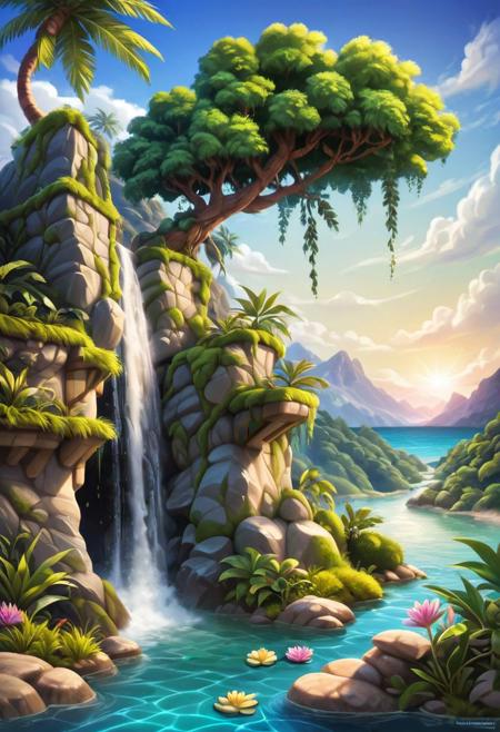 (masterpiece), realistic lighting,vivid color,ultra sharp,score_9, score_8_up, score_7_up, score_6_up, score_5_up, score_4_up,source_anime, realistic illustration, intricate details, hyperdetailed, extremely sharp,4k, (Kairunoburogu, by neocoill:0.5), Ink illustration, Ink illustration, a tree house, rustic, stilt house, on a beautiful tropical beach, surrounded by mountains, waterfalls, flagstone floor, wood, palm trees, streams, water lilies, natural pools, vibrant color palette, sunrise, hissing clouds
