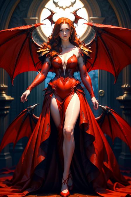 d3m0ndr3ss, long dress, red dress, demon wings