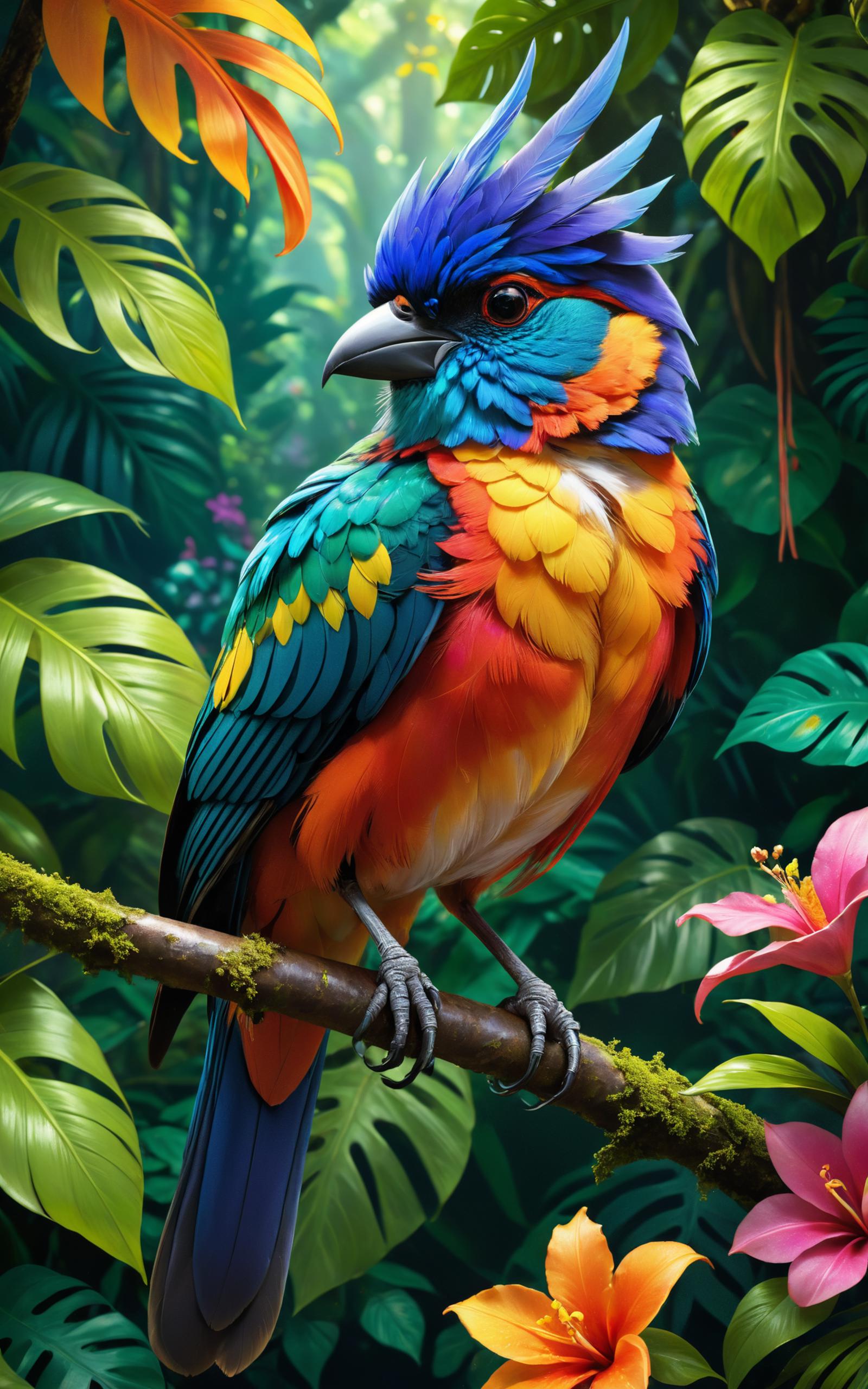 A colorful bird perched on a branch in a lush green forest.