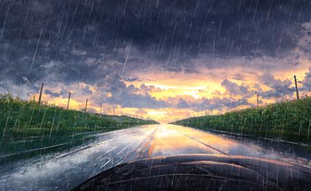 Concept art, no humans, water puddles, country side, road, rain, cloudy,