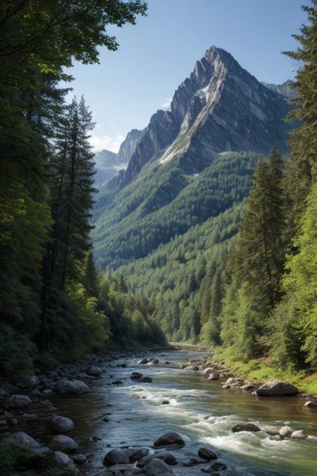 landscape river, forest , mountains