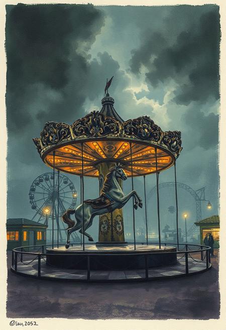 A dinkfsn style ink wash painting 
A scene of Liminal outdoor scene of deserted amusement park at night, no humans, Galloping Horse Carrousel rideon front ,Ferris wheel amd other rides can be seen in background, soft luminous realism, dramatic atmosphere, glowing rich textures, rich oil-paint detailing, contrast between light and shadow, misty and romantic environment, gentle emotional expression, stormy epic cloudy skies.
Rich colors, color palette of green, gray, mahogany and violet. Highlights of orange light in the windows and streetlights.