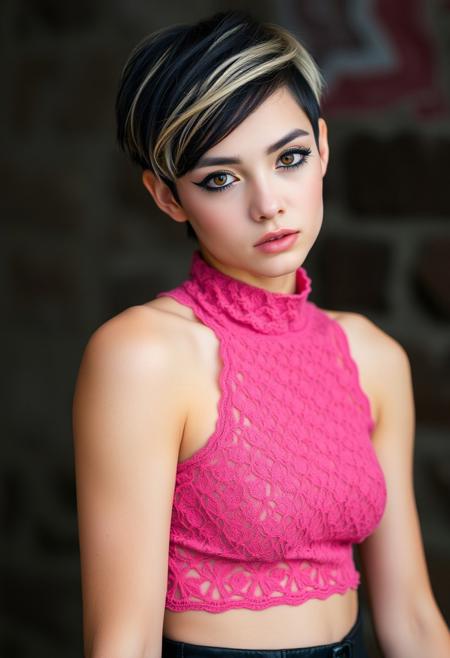 a beautiful 20 years old caucasian androgynous man, pale skin, black hair in pixie cut haircut with blond highlights, long black eyelashes, black mascara, black eyeliner defines his brown eyes, pink eyeshadow, luscious pink lips, rouge, thin, body with no visible muscles, lace high neck pink crop top, black leather mini skirt, looking at viewer