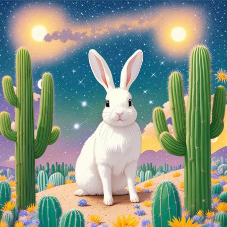 art by evreka15, painting of a beautiful white bunny surrounded by wildflowers and cactus, starry sky, 8k