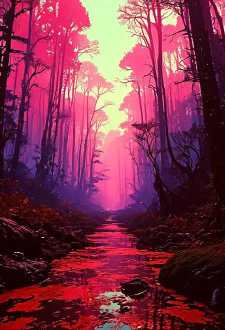 An otherworldly forest with trees made of light and shadows, the ground pulsating with vivid, ever-changing hues, embodying a dream within a dream, 
in the style of the eerie ambiance of Ridley Scott's 'Alien' with 80s sci-fi nostalgia. Blend dreamlike, claustrophobic spaces, grimdark Warhammer 40K magic, and campy yet sinister tones. Envision a surreal, dystopian world where arcane forces meet retro-futuristic sci-fi, creating a uniquely haunting tableau
, in the style of an old 80's VHS dark fantasy, VHS screen grab, grainy, old footage