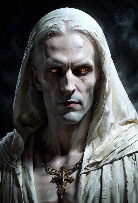 a haunting portrait of an ancient vampire, centuries old, with a demeanor that reflects both the wisdom and weariness of immortality. Picture a pale and regal figure, cloaked in shadows, with sharp, penetrating eyes that hold the weight of countless nights. His facial features, though still elegant, bear the subtle marks of time   perhaps a few age lines and a touch of melancholy in his expression.
The vampire's attire is both timeless and aristocratic, hinting at the eras he has witnessed. His hair, long and dark, cascades in a way that suggests both refinement and a touch of wildness. In one hand, he holds an ornate, ancient goblet filled with deep red liquid, alluding to the essence that sustains his immortal existence.
The backdrop is a gothic and atmospheric setting   an ancient castle interior, dimly lit by flickering candles or moonlight filtering through stained glass windows. Shadows play across the elaborate furnishings, and perhaps there are subtle signs of decay, reflecting the passage of centuries.
Capture the enigmatic allure of this ancient vampire, balancing the eternal beauty with the weight of time. Convey a sense of mystery, power, and a touch of sadness in this portrait that tells the story of a creature who has seen the rise and fall of civilizations
