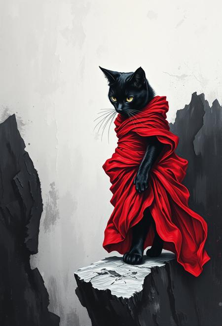 Create this dramatic impasto artwork with a touch of abstract expressionism: a cat with a symmetrical beautiful face, ebony fur, wearing a vibrant, flowing red dress standing on a perilous-looking cliff edge. The dress has dramatic ruching and draping that accentuates her figure, giving the impression of both elegance and vulnerability. The stark contrast between the cat's striking red attire and the dark, rocky surroundings creates a sense of tension and drama. The cat's eyes are downcast, adding to the sense of emotional weight and mystery. Overall, the painting evokes a powerful sense of narrative, suggesting a story or emotional state waiting to be explored.
The painting with a focus on detailed textures and dramatic lighting features a monochromatic scheme, primarily with shades of black, white, and gray.