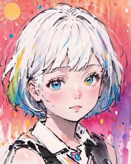 (solo),((child,very young,child,cute face)),((small_breasts)),(((detailed anima face))),((beautiful detailed face)),collar,upper body,
white hair,((colorful hair)),((streaked hair)),
beautiful detailed eyes,(colorful background),(((surround by splash ink and colorful dot))),
traditional ink painting,<lora:traditional_ink_painting:0.65>,