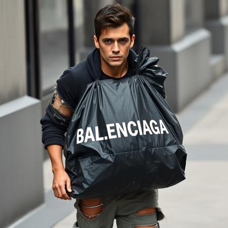 a person, with ruined clothes, with a "BALENCIAGA" brand garbage bag, the clothes are also "BALENCIAGA" brand.
The person has a snobbish look, as if he were above others